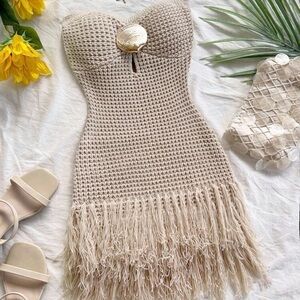 Strapless Beige Fringe Dress